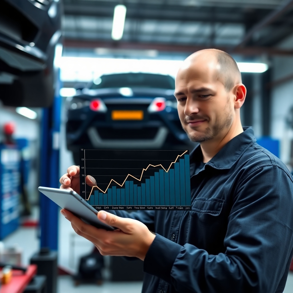 A photorealistic image of a mechanic using a tablet, showing a graph with upward trending lines representing website traffic.  The background should subtly feature a clean and modern auto repair shop. The overall lighting should be bright and inviting, emphasizing professionalism and success.