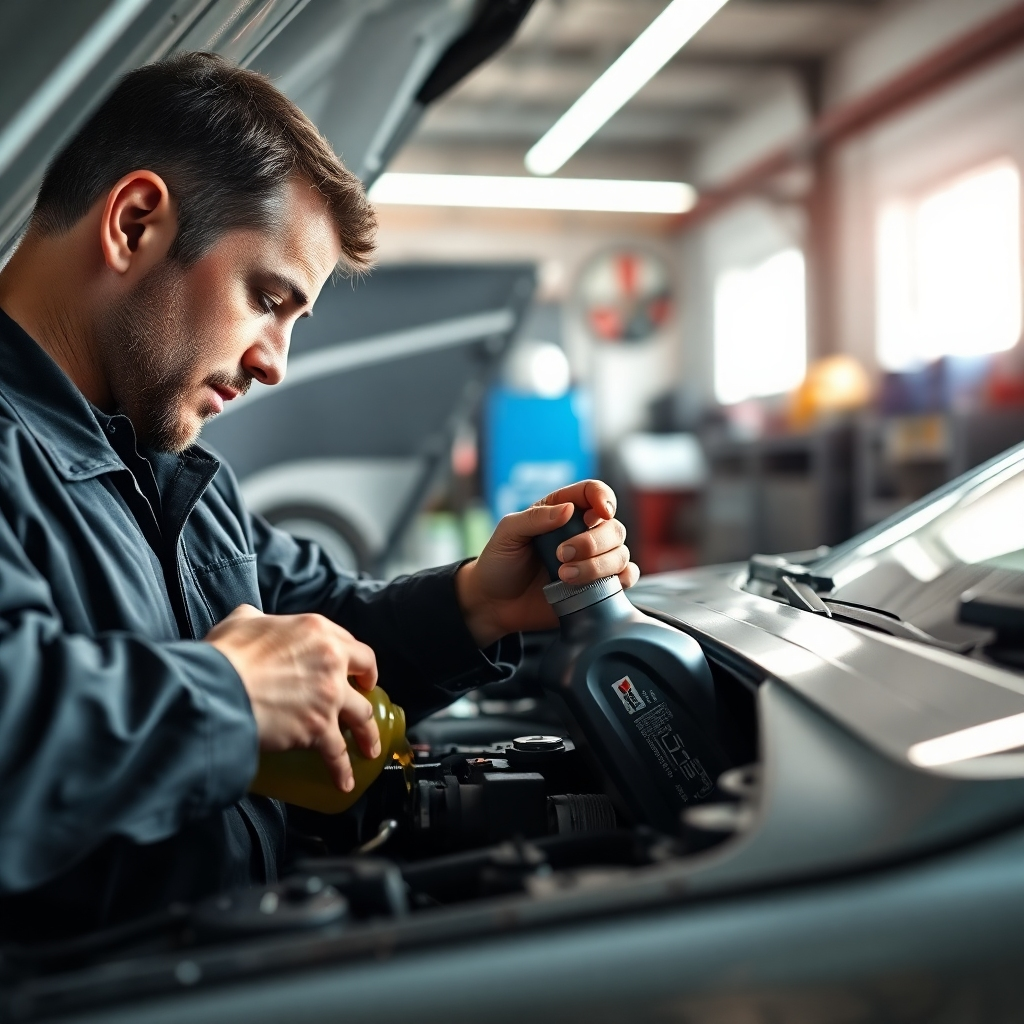 A photorealistic image of a mechanic expertly changing the oil of a car, using clean tools and fresh oil, in a well-lit, professional auto repair shop. The image should highlight the precision and care taken during the process, with a focus on the mechanic's skilled hands. The car should be clean and well-maintained. The background should feature organized tools and equipment, conveying a sense of professionalism and efficiency.
