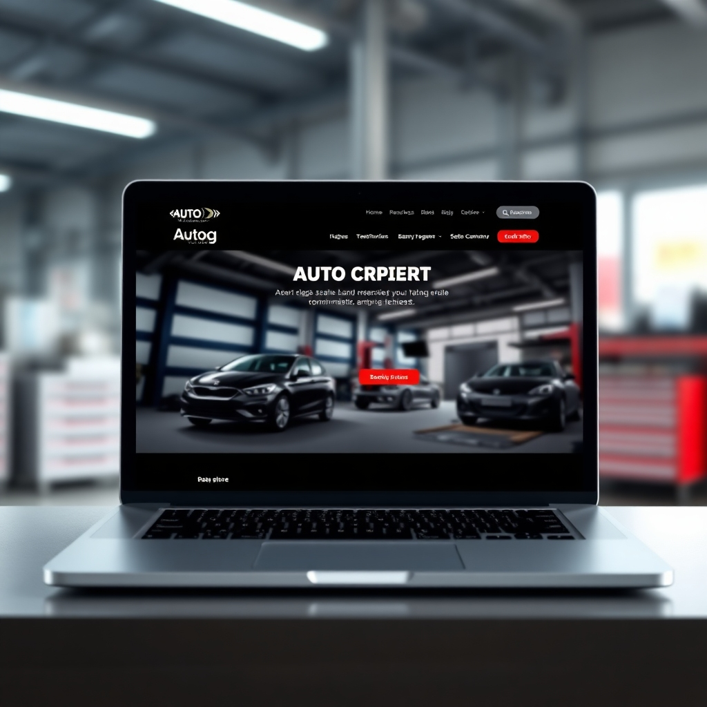 A photorealistic image of a modern, well-designed auto repair website on a laptop screen. The website should clearly display the auto repair shop's logo, high-quality images of their services, customer testimonials, and a clear call-to-action for booking appointments. The background should be a blurred image of a clean and well-organized auto repair shop.