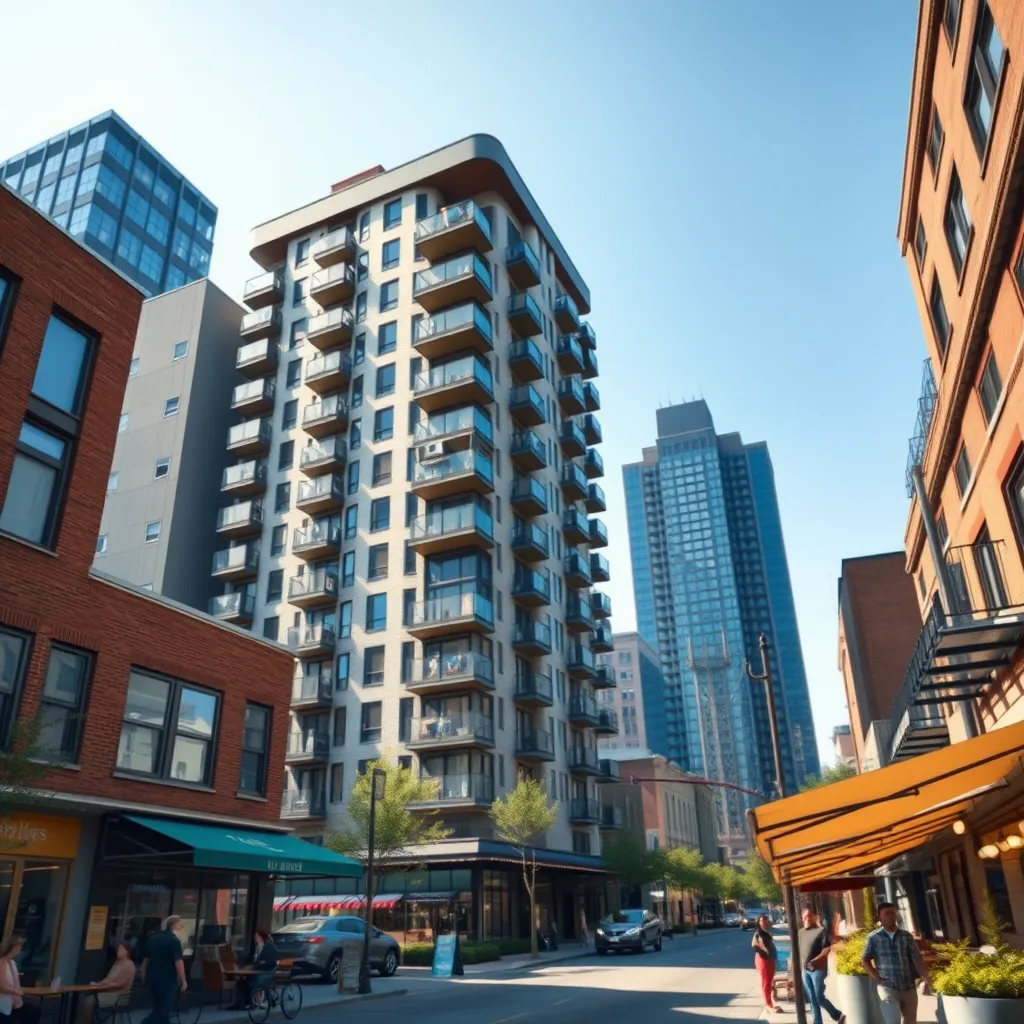 A photorealistic image of a modern, renovated apartment building in downtown Detroit with a bustling street scene in the foreground, showcasing a mix of residents, cafes, and shops. The sky should be bright and optimistic, highlighting the city's renewed energy.