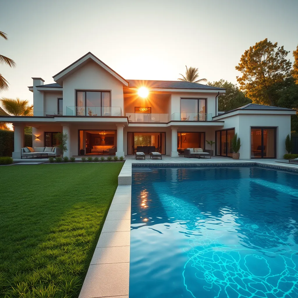 A photorealistic image of a modern, luxurious house with a spacious backyard and a swimming pool. The house should be bathed in warm, golden sunlight streaming through large windows. The camera angle should be slightly elevated, capturing the entire facade and the lush green lawn. Include details like a manicured garden, a stylish outdoor seating area, and a sparkling clean pool with shimmering water. The image should have a high dynamic range and a soft, cinematic color palette, emphasizing the inviting and upscale nature of the property. Render in 8K resolution with ultra-detailed textures and realistic lighting effects.