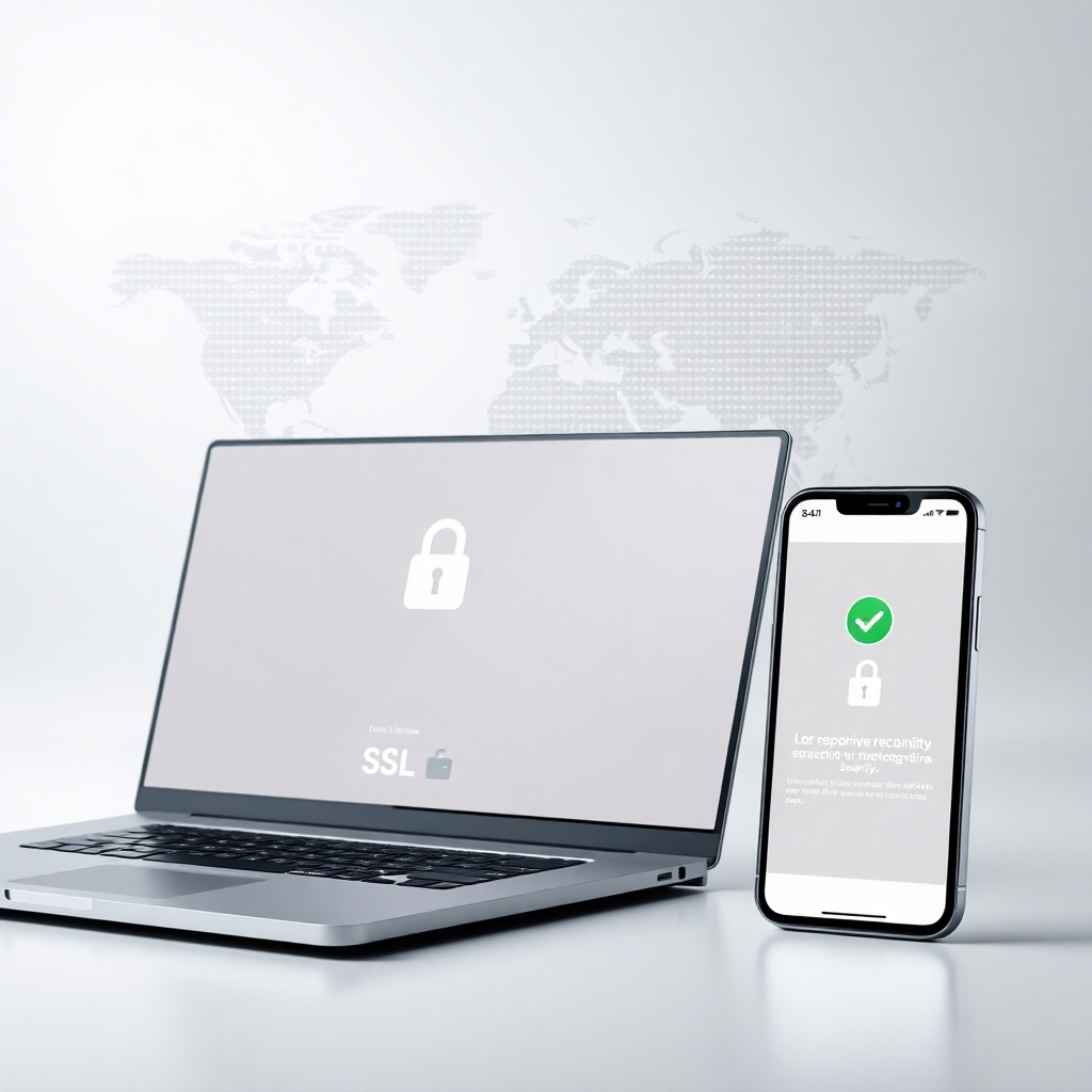 A photorealistic image of a modern, responsive website on various devices (laptop, tablet, smartphone), showcasing a padlock icon for SSL security and a green checkmark for mobile optimization.  The background should be a clean, light-grey, subtly showing a digital world map.