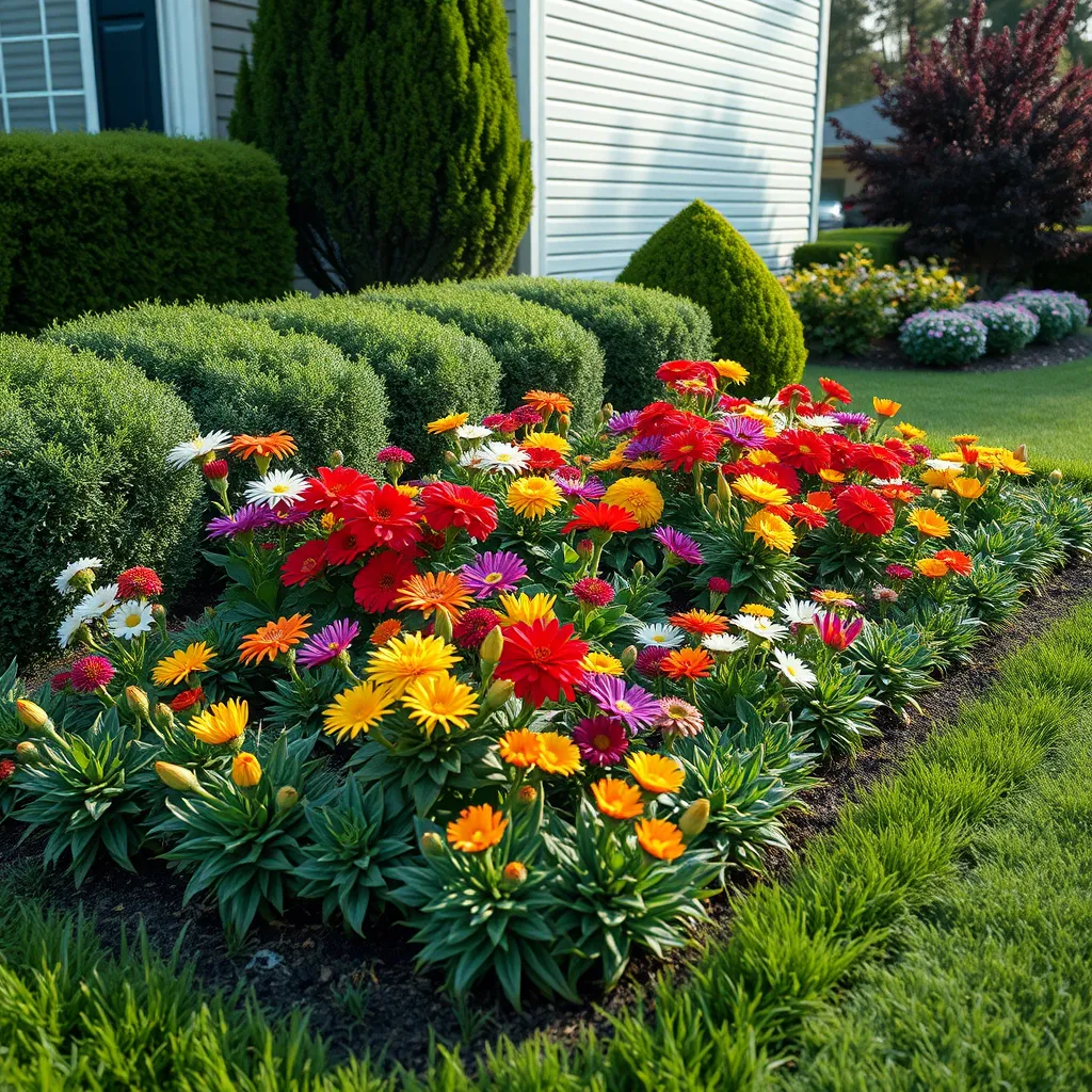 A photorealistic image of a newly installed flower bed with a variety of colorful flowers in full bloom. The flower bed is surrounded by neatly trimmed shrubs and a manicured lawn, showcasing a beautifully designed landscape.