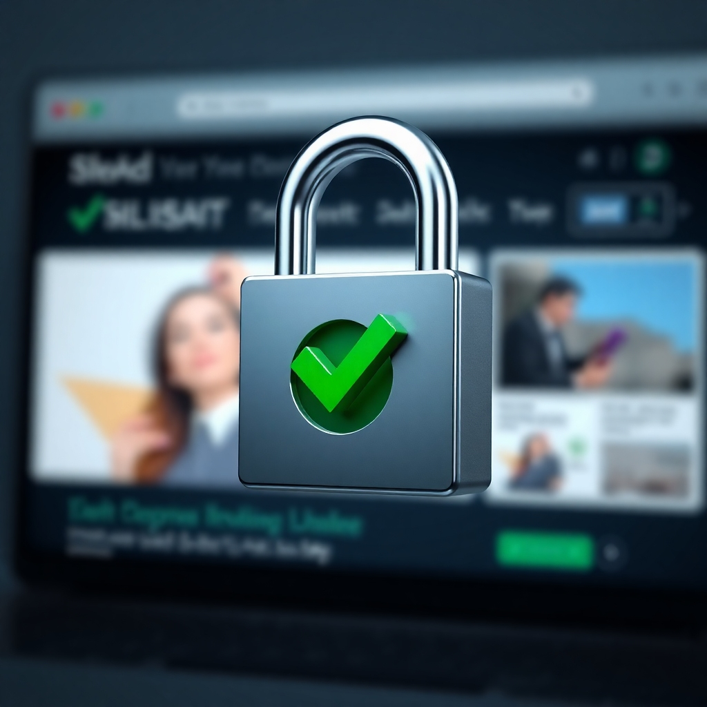 A photorealistic image of a padlock icon with a green checkmark inside, superimposed on a modern, responsive website design. The background should be subtly blurred, showing a variety of website elements. The overall style should be clean and professional, conveying security and trust.