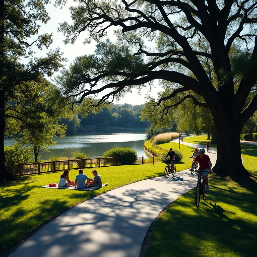 A photorealistic image of a picturesque suburban park. Show a family picnicking on a blanket under a large oak tree, with a sparkling lake in the background. Include a paved walking path winding through the park, with a group of friends cycling on the path.