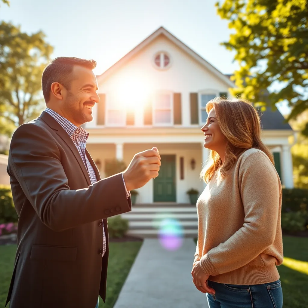 A photorealistic image of a real estate agent presenting a house key to a happy couple in front of a beautiful, well-maintained house in a Michigan neighborhood. The house is a classic Colonial style with a white exterior, green shutters, and a manicured lawn. The sun is shining brightly, illuminating the scene with warm, inviting light. The real estate agent is smiling and looking directly at the couple, while the couple is looking at each other and smiling. The image should have a vibrant, cheerful color palette, and the lighting should be natural and soft. The camera angle should be slightly elevated, giving the viewer a sense of looking down on the scene. The image should be ultra-detailed, with sharp focus and realistic textures.  The image should capture the feeling of satisfaction and accomplishment associated with selling a home.  This is a significant moment for the couple, and the image should reflect their happiness and excitement.  The image should be in the style of a classic real estate photograph, with a focus on showcasing the beauty of the house and the happiness of the clients.