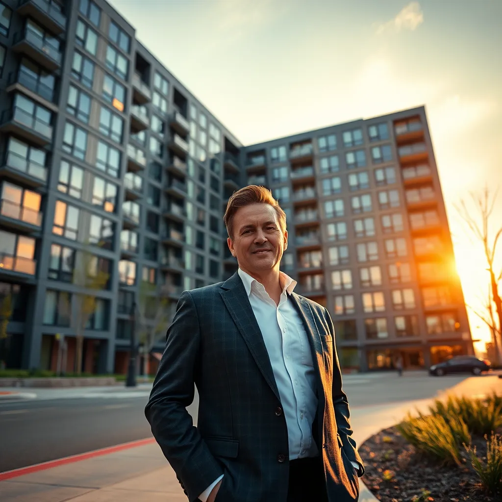 A photorealistic image of a successful businessperson standing in front of a large, modern apartment complex in a bustling Michigan city. The apartment complex has a sleek, contemporary design with large windows, and a well-maintained exterior. The sun is setting, casting a warm, golden glow on the scene. The businessperson is wearing a professional suit and looking confidently at the camera. The image should have a modern, sophisticated color palette, and the lighting should be soft and diffused. The camera angle should be low, giving the viewer a sense of looking up at the businessperson and the apartment complex. The image should be ultra-detailed, with sharp focus and realistic textures.  The image should capture the feeling of success, prosperity, and financial security associated with owning investment properties.  The businessperson is confident in their investment, and the image should reflect their success.