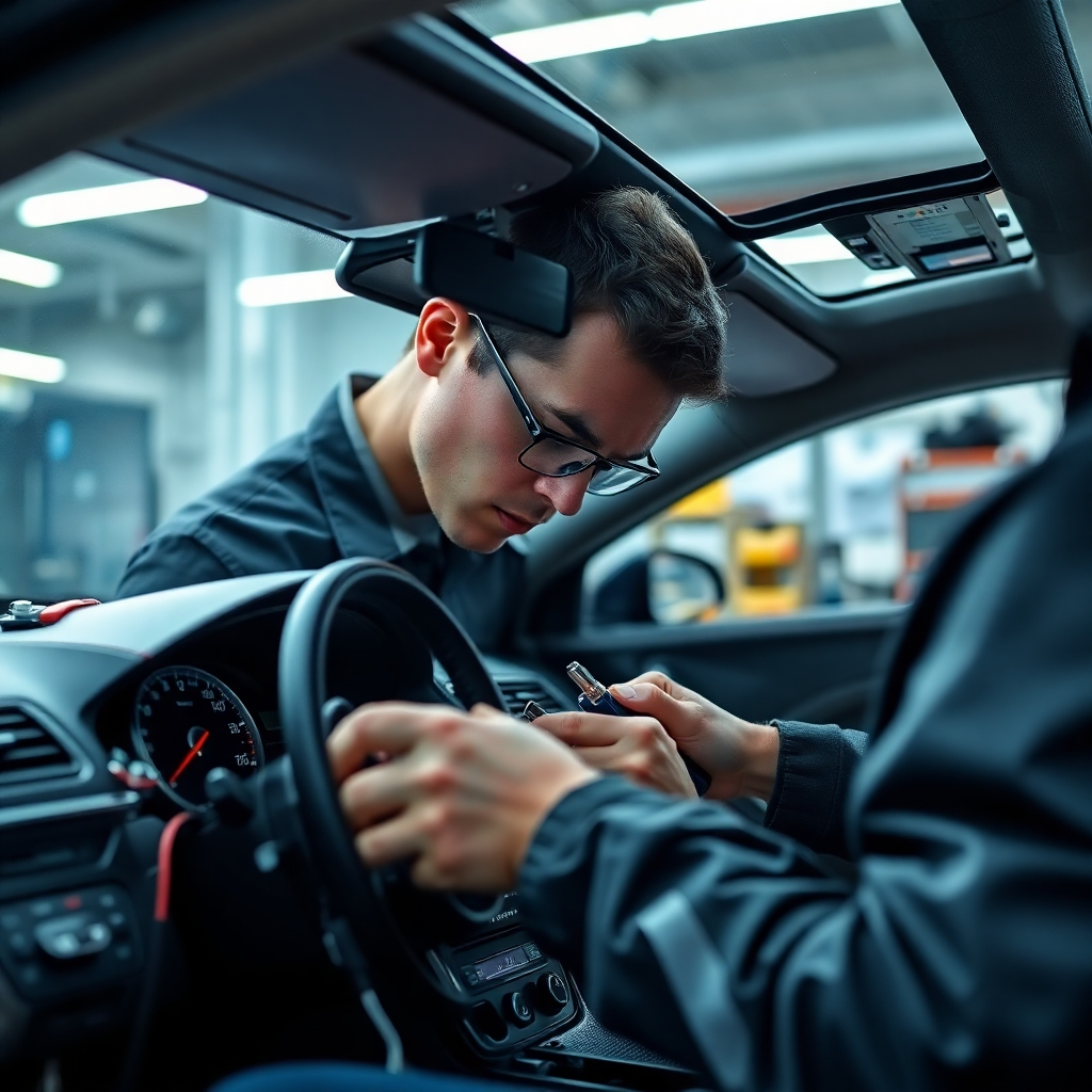 A photorealistic image of a technician meticulously working on a car's dashboard, installing or repairing complex auto electronics.  The image should showcase a blend of high-tech tools and intricate wiring, with a focus on precision and detail.  The setting should be a modern, clean workshop with professional equipment.