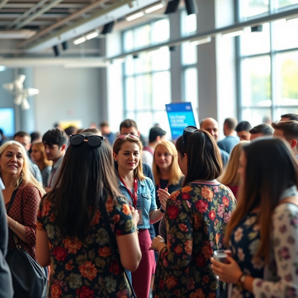A photorealistic image of a vibrant, diverse community gathering, showcasing people of all ages networking and collaborating.  The event should take place in a lively, modern setting, emphasizing collaboration and connection.  Focus on positive body language and interactions. The image should have a high resolution and professional, warm look and feel, suitable for a website.