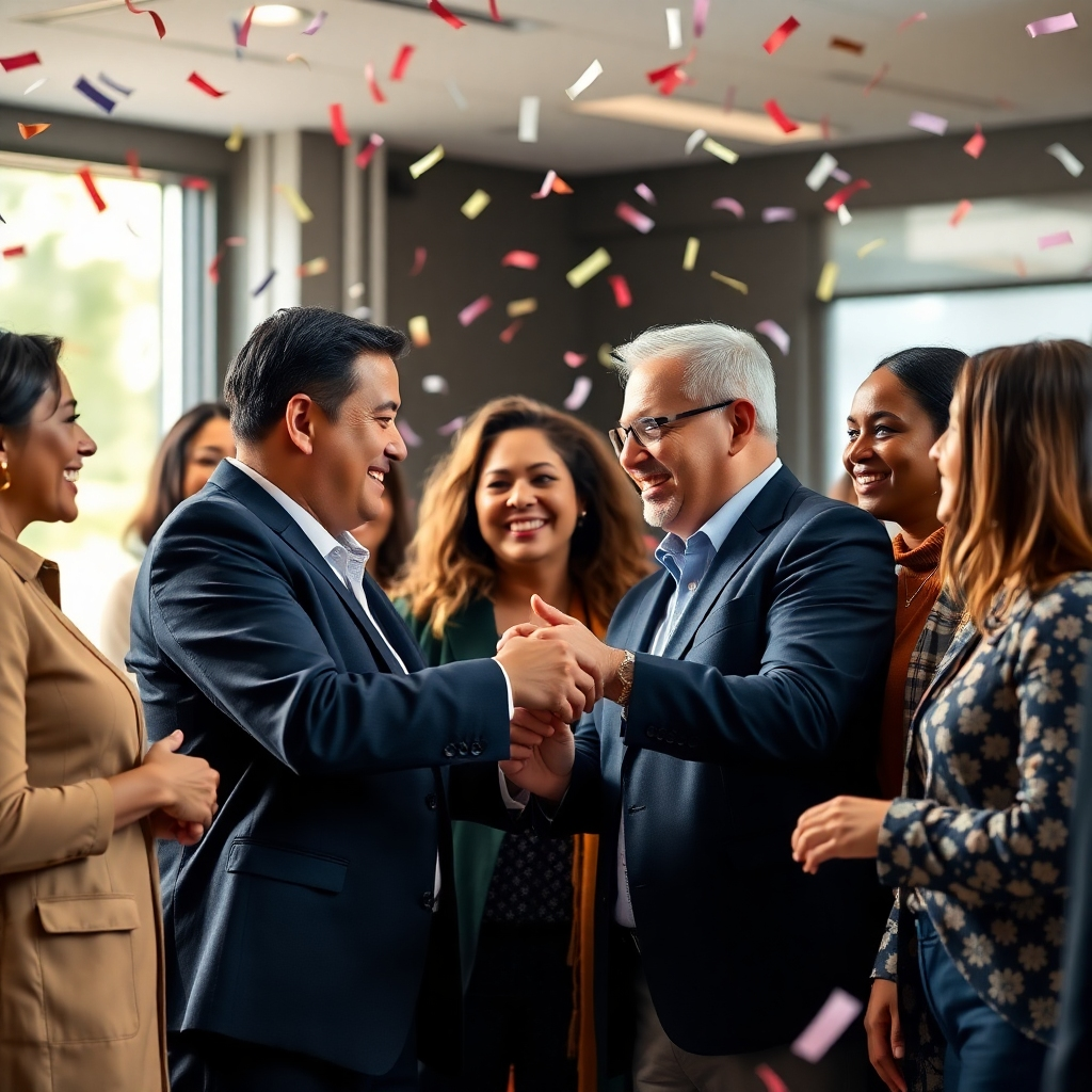 A photorealistic image of diverse group of smiling small business owners shaking hands with a bank representative, with a celebratory, confetti-filled background.  The scene should be bright, well-lit, and convey a sense of success and collaboration.  Focus on genuine expressions of happiness and accomplishment. The image should have a high resolution and professional look and feel, suitable for a website.