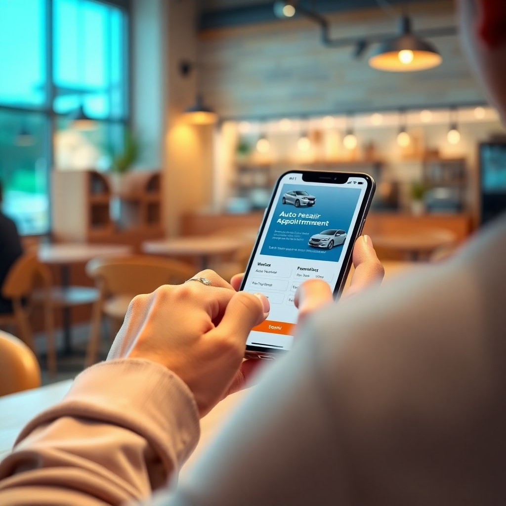 A photorealistic image rendered in 8K, hyperrealistic detail, showing a person effortlessly booking a car repair appointment on a smartphone. The setting is a bright, modern coffee shop with soft, diffused lighting. The color palette is warm and inviting, using natural wood tones, soft pastels, and the vibrant display of the smartphone screen. The overall mood is relaxed and efficient. The camera angle is over the shoulder, providing an intimate perspective of the user's interaction with the phone.  Textures include the smooth glass of the phone screen, the soft fabric of the user's clothing, and the grain of the wooden table. The phone displays a user-friendly appointment booking interface for an auto repair shop. In the background, there is a soft blur of the coffee shop environment. The smartphone showcases the website's optimized mobile design with clear call-to-action buttons and a streamlined appointment booking process. The style should be clean, simple and user-friendly, reminiscent of the minimalist aesthetic of Apple product photography.