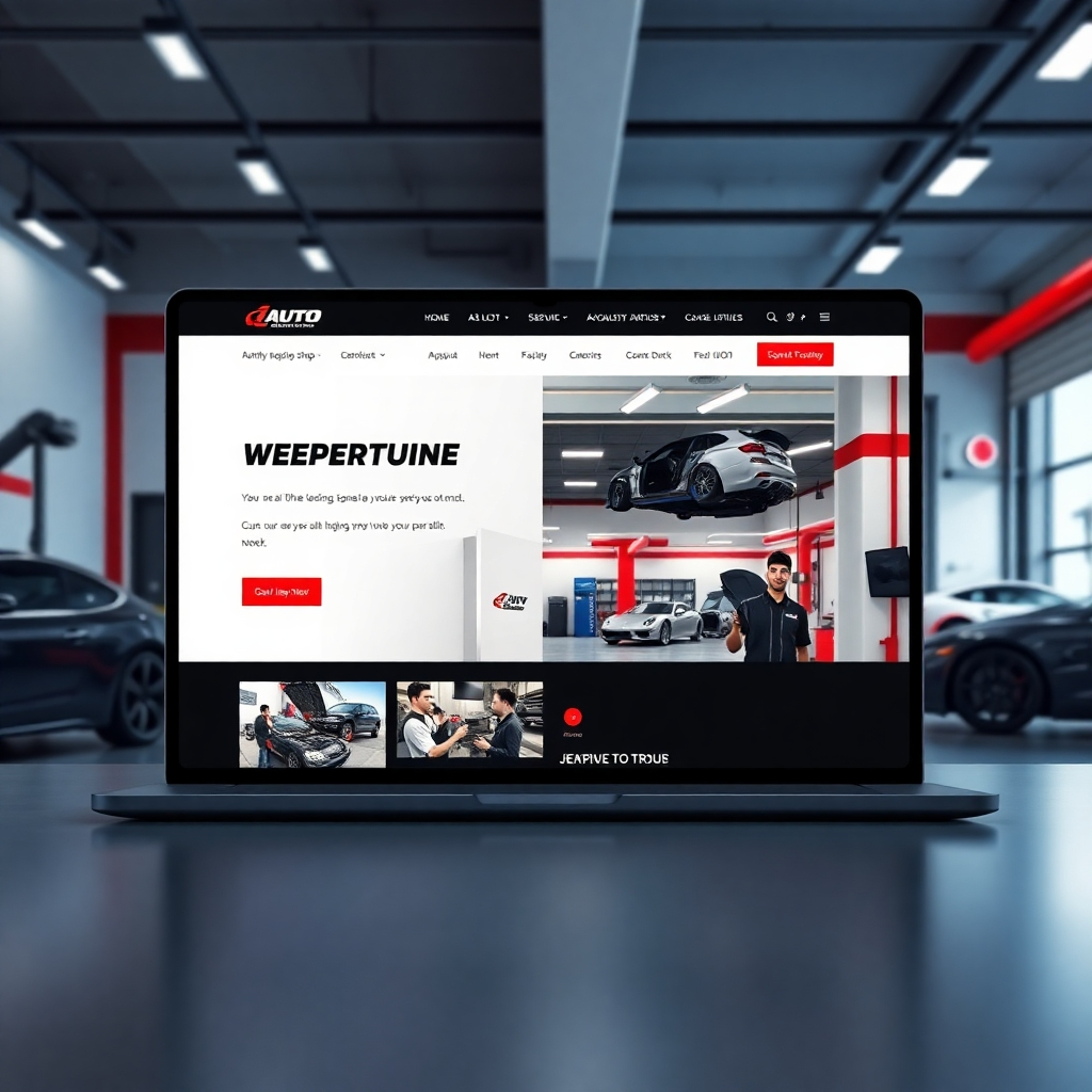 A photorealistic image showcasing a sleek, modern website design for an auto repair shop. The website should prominently feature the shop's logo, high-quality images of the shop's facilities and staff, and a clean, user-friendly interface. The color scheme should be sophisticated and professional, reflecting the brand's identity. The image should emphasize the visual appeal and professionalism of the design.