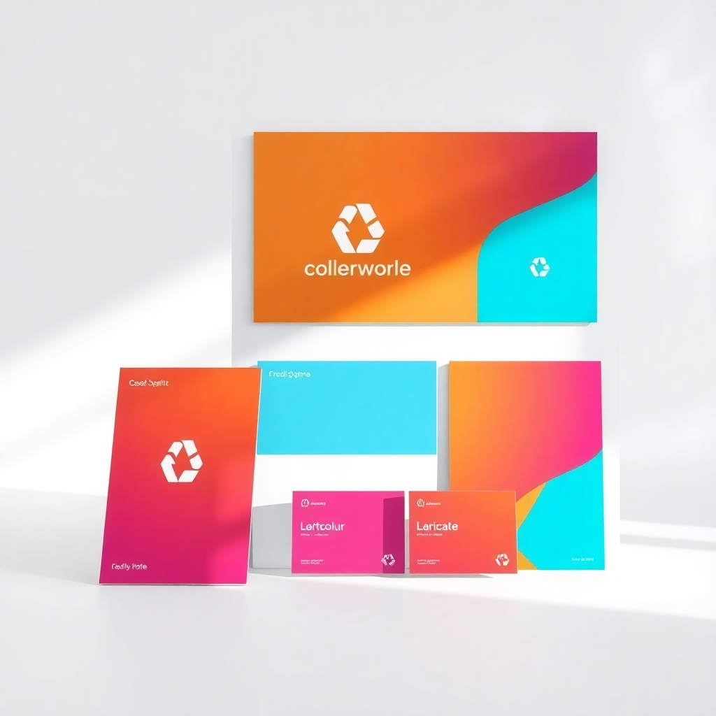 A photorealistic image showcasing a cohesive branding kit: a sleek logo, a vibrant color palette, and example marketing materials (brochure, business card, social media post) all featuring the same brand identity elements. The background should be a minimalist white studio, with soft, natural light. The image should convey professionalism and visual appeal.