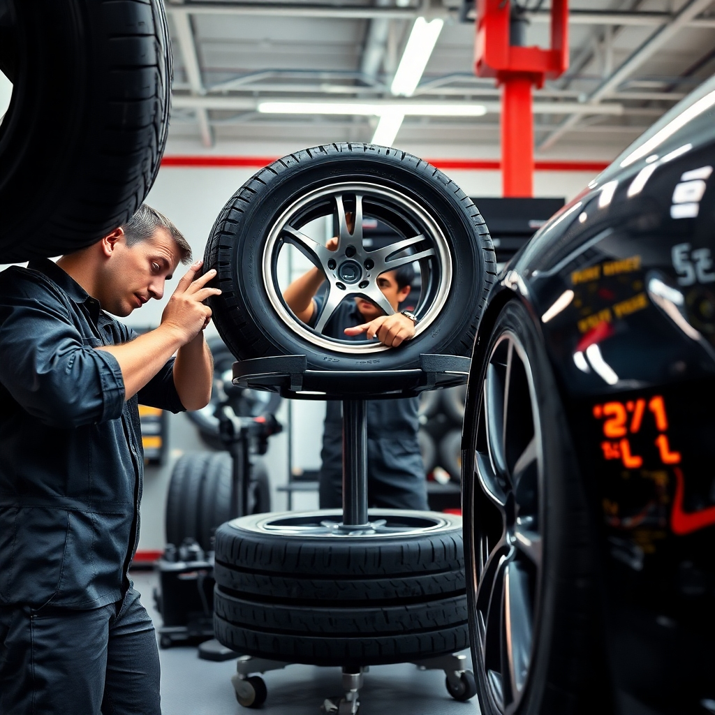 A photorealistic image showcasing a variety of tire services.  The image should include a technician carefully inspecting a tire, another balancing a tire on a machine, and a third replacing a tire on a car. The background should be a clean and organized tire shop, emphasizing professionalism and a wide range of services.  Focus on the details of the tools and the care taken with the tires.