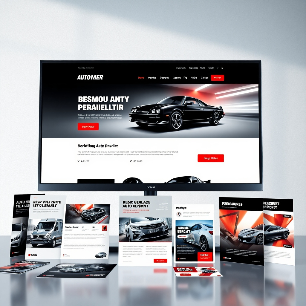 A photorealistic image showcasing a sleek, modern auto repair website design on a large monitor, alongside various marketing materials like brochures and social media posts using consistent branding. The overall aesthetic should be upscale and sophisticated, reflecting professionalism and expertise.