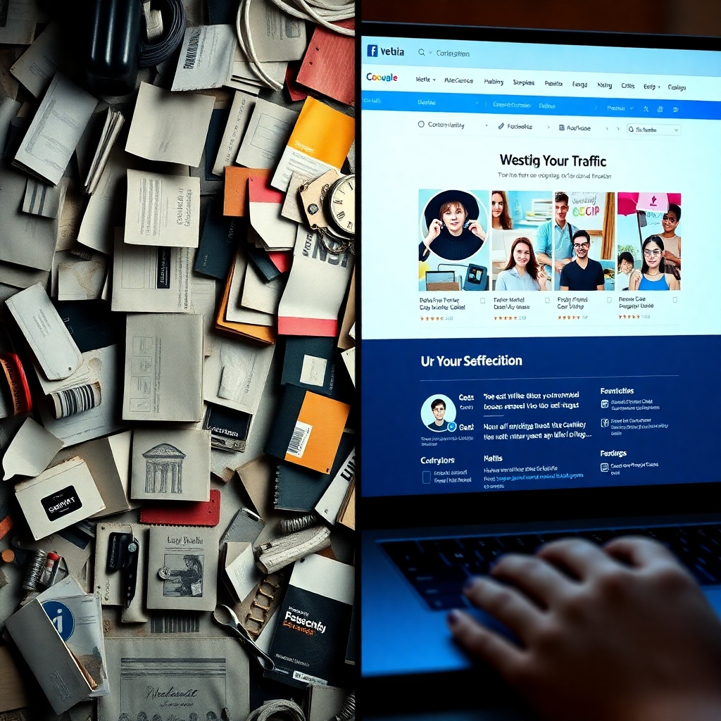A photorealistic image showcasing a split-screen effect. One side depicts a cluttered, outdated website with low traffic.  The other side displays a modern, sleek website with high user engagement, positive reviews, and prominent social media icons.  The overall look should showcase a striking transformation of a digital presence. Bright, modern aesthetics are preferred.