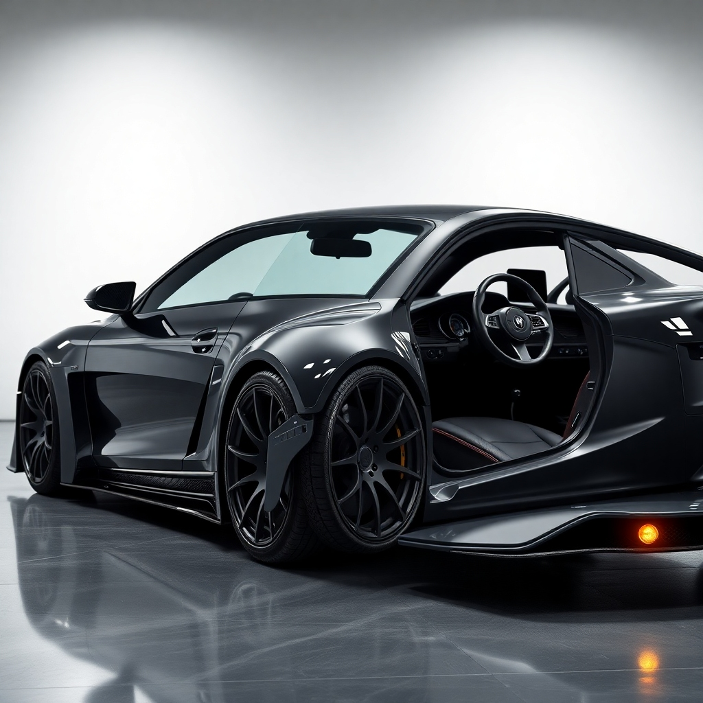 A photorealistic image showcasing a customized car, highlighting both exterior and interior modifications.  The car should be sleek and stylish, with aftermarket parts visibly enhancing its aesthetic appeal.  The image should have a high-key, polished look to emphasize luxury and customization.