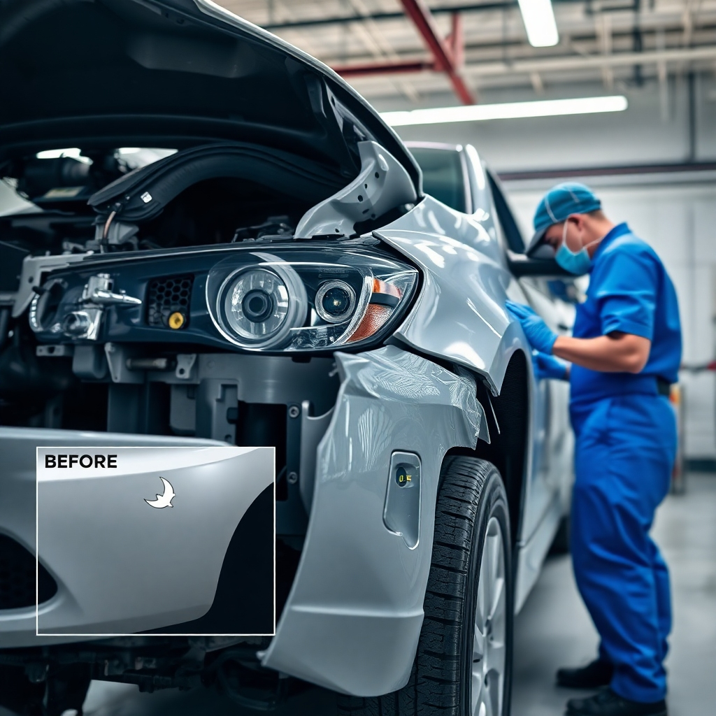 A photorealistic image showcasing a damaged car undergoing collision repair.  Show technicians expertly working on the vehicle's body, with tools like welding equipment and paint sprayers visible. The background should be a clean, well-lit auto body shop. Include details like before and after photos of a repaired car component like a bumper, or a fender to illustrate quality of work.