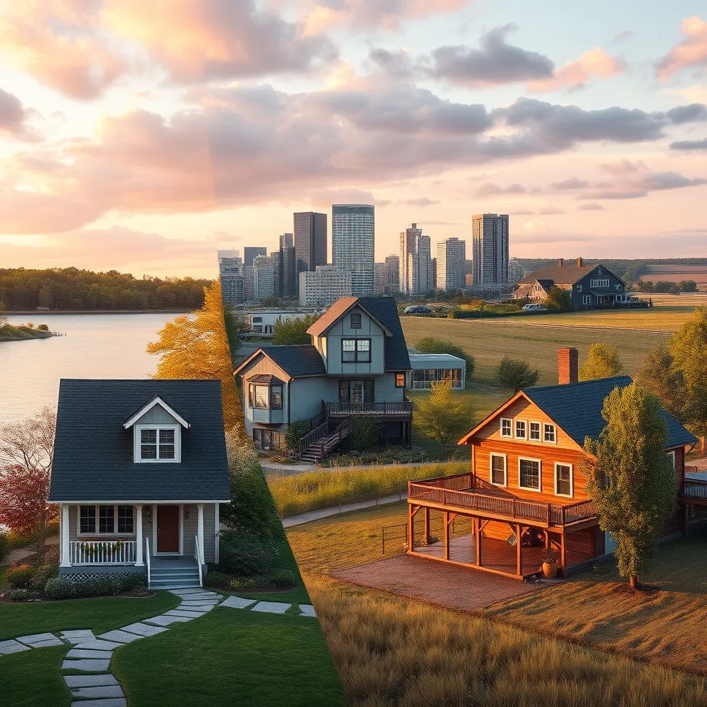A photorealistic image showcasing a diverse range of Michigan homes: a quaint cottage by a lake, a modern townhouse in a bustling city, and a sprawling farmhouse in a rural setting. The image should capture the beauty and variety of Michigan's real estate options.