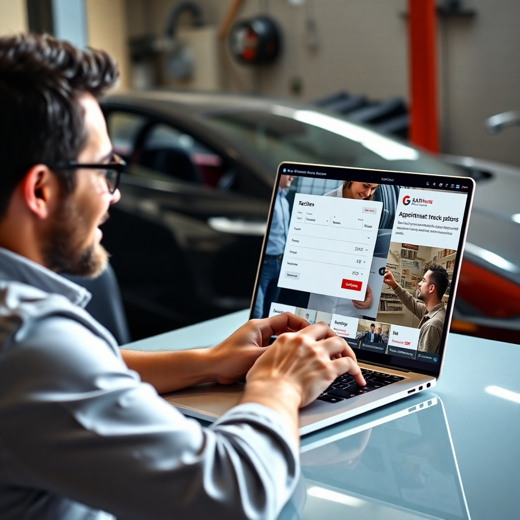 A photorealistic image showing a customer happily using a user-friendly online appointment booking system on their laptop in the context of a well-designed auto repair website. The image should also feature positive Google reviews prominently displayed on the website, showcasing high customer satisfaction.