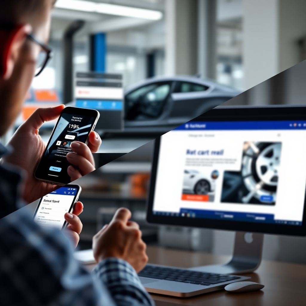A photorealistic image split into two sections. One shows a person using a smartphone to easily book a car repair appointment on a website with a clean and modern design. The other shows the website viewed on a desktop computer, showcasing the seamless mobile responsiveness.