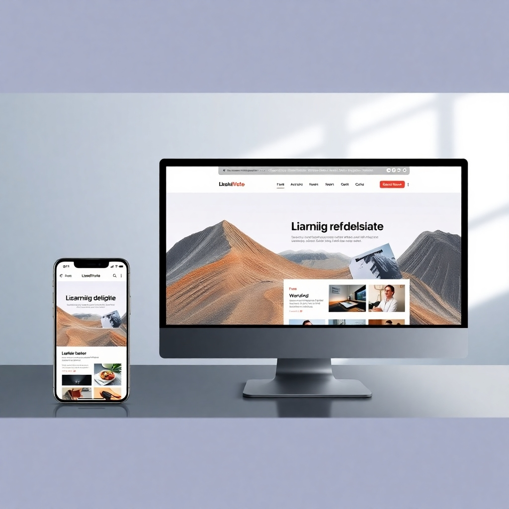 A photorealistic split-screen image showcasing the same website design displayed beautifully on a smartphone and a desktop computer simultaneously. Highlighting the seamless transition and functionality across various screen sizes. The color palette should be modern and sleek.