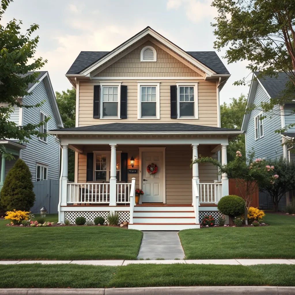 A picturesque scene of a charming suburban neighborhood in Michigan, featuring a well-maintained, two-story house with a manicured lawn and a welcoming porch. The image should convey a sense of affordability and family-friendly living.