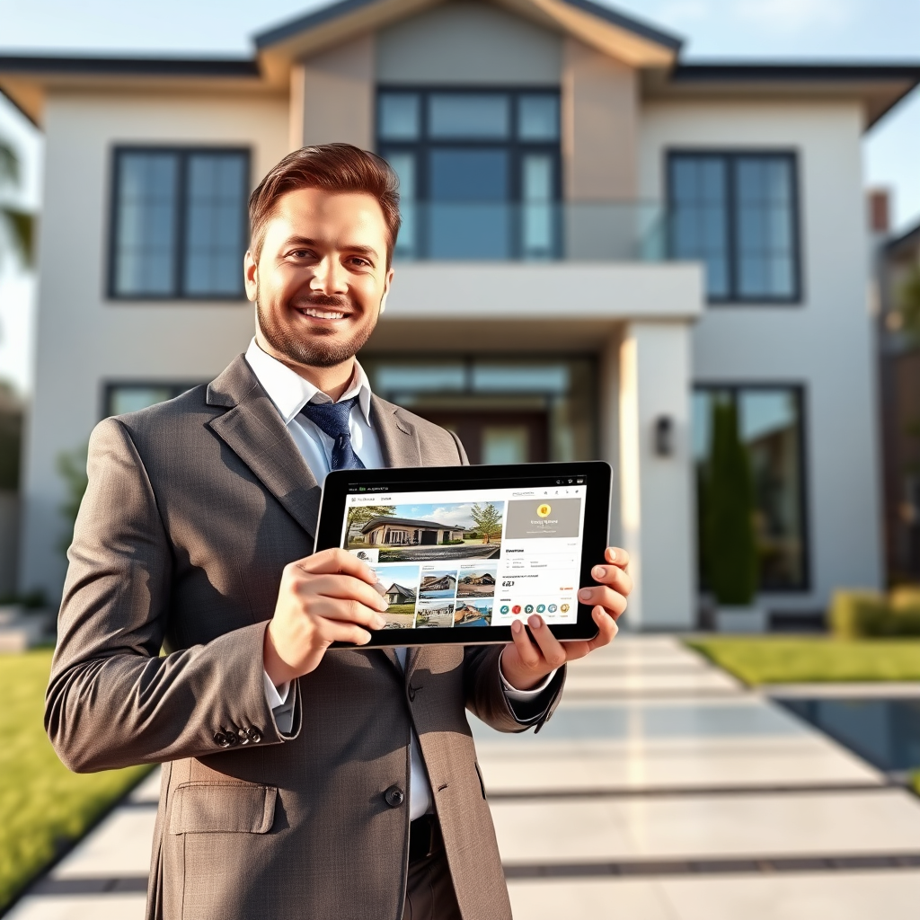 Realtor using digital tools in front of a luxury home