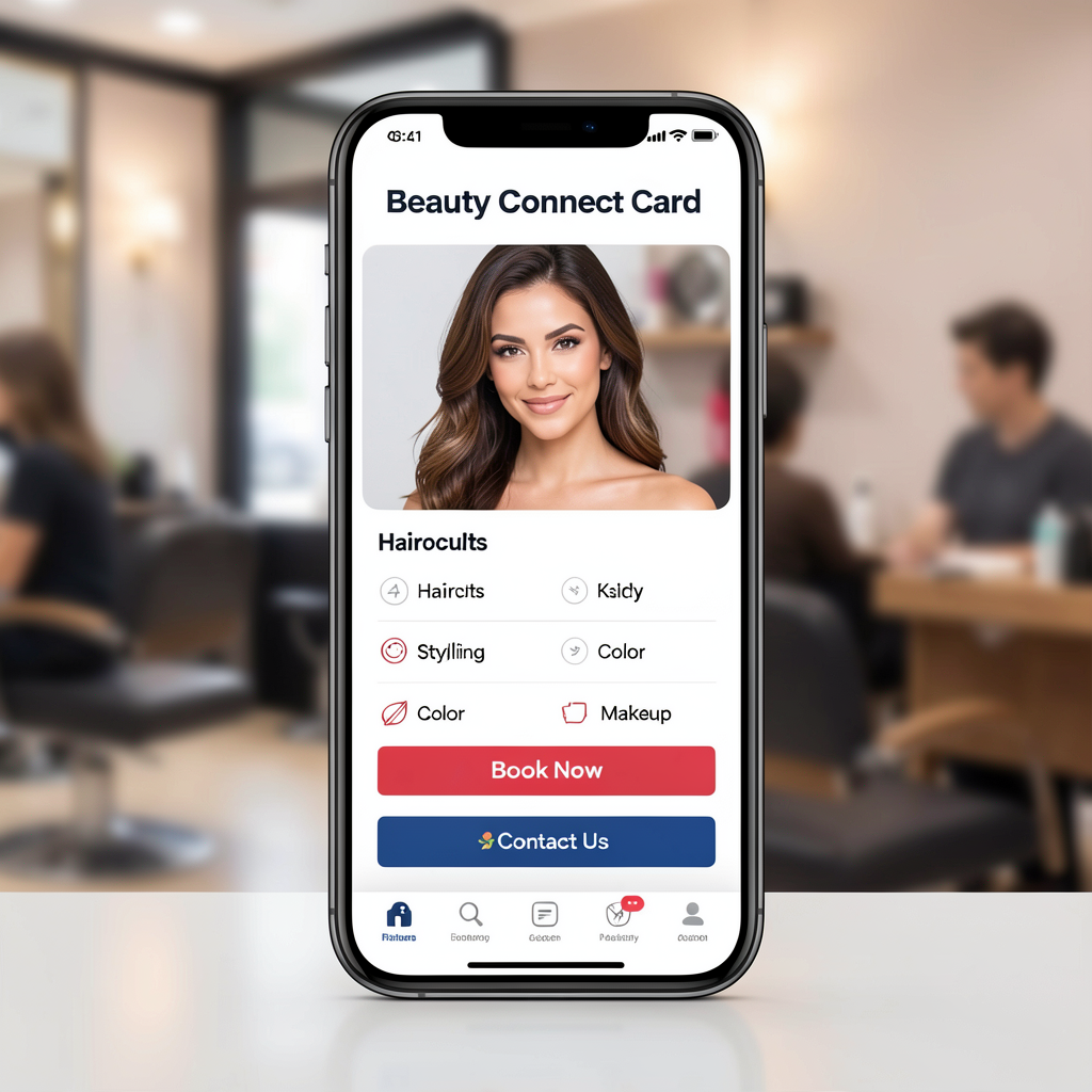 Mockup of the UNI Barber & Beauty AI Growth Free Connect Card on a smartphone.