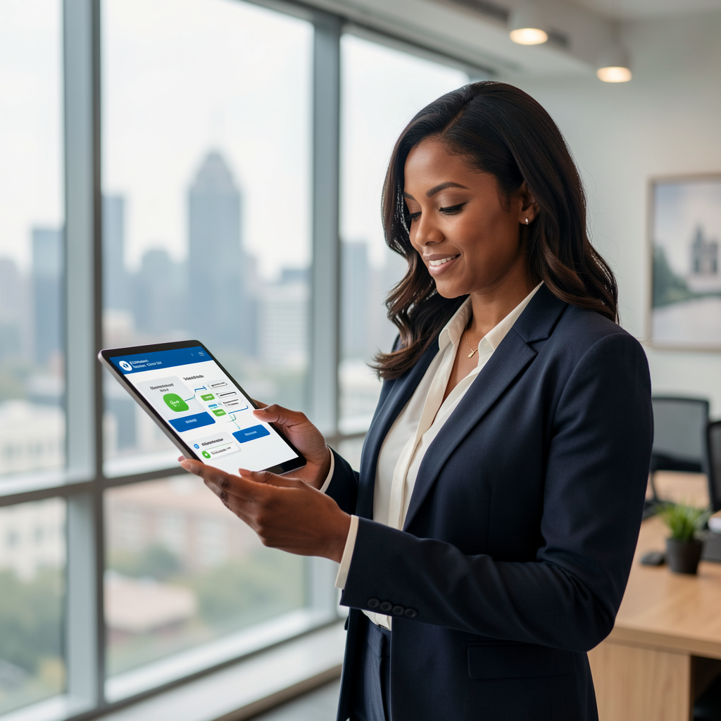 Confident real estate professional reviewing opportunities on a tablet