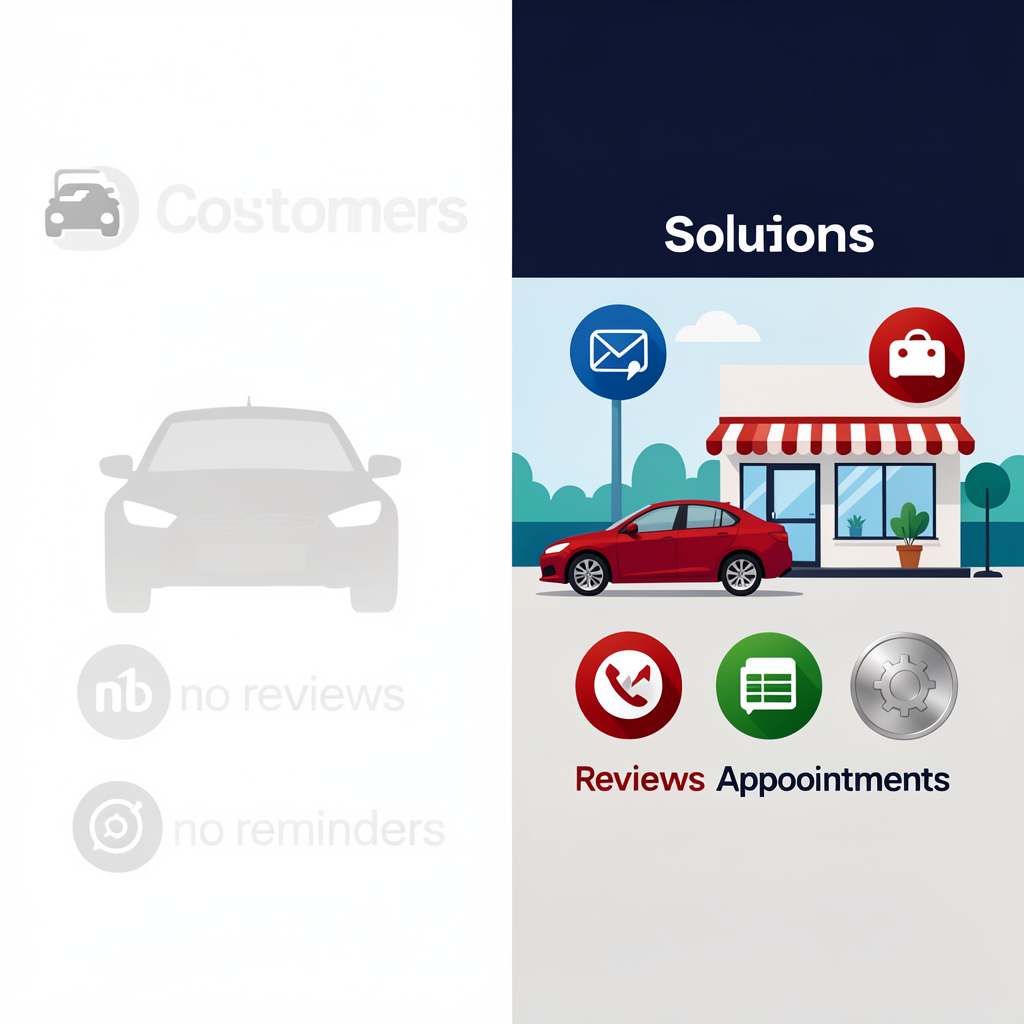 Comparison graphic showing problems without UNI and solutions with UNI for auto repair shops.