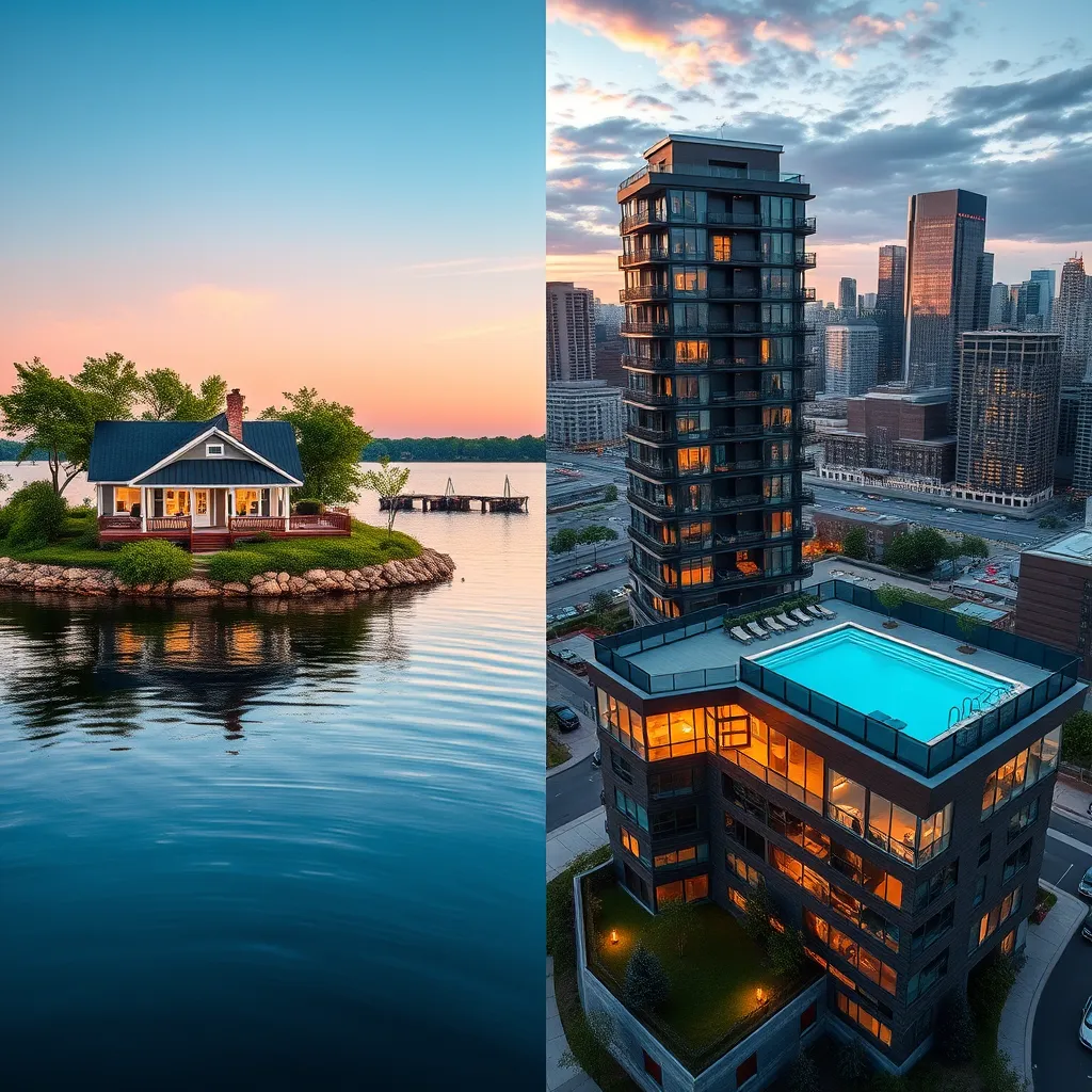 A split image showcasing a picturesque cottage nestled on a lakefront in northern Michigan, and a modern condo building with a rooftop pool overlooking a bustling city skyline in Detroit.