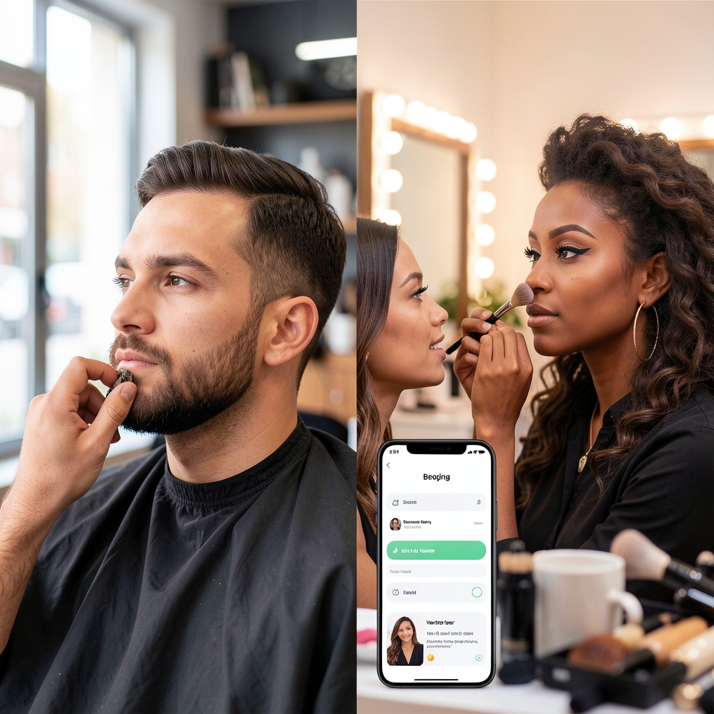 Collage of a barber and makeup artist at work, with app interfaces.