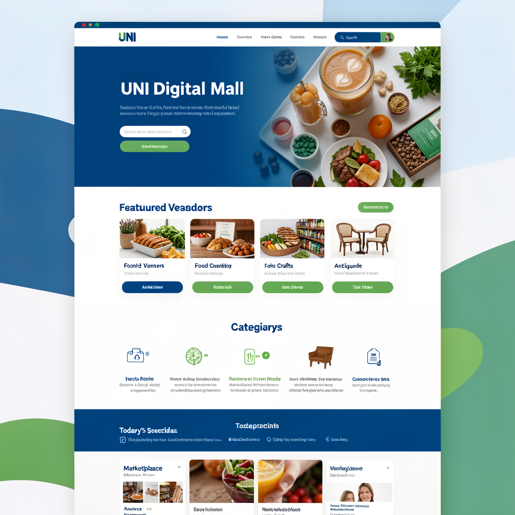 UNI Digital Mall interface showcasing featured vendors and categories