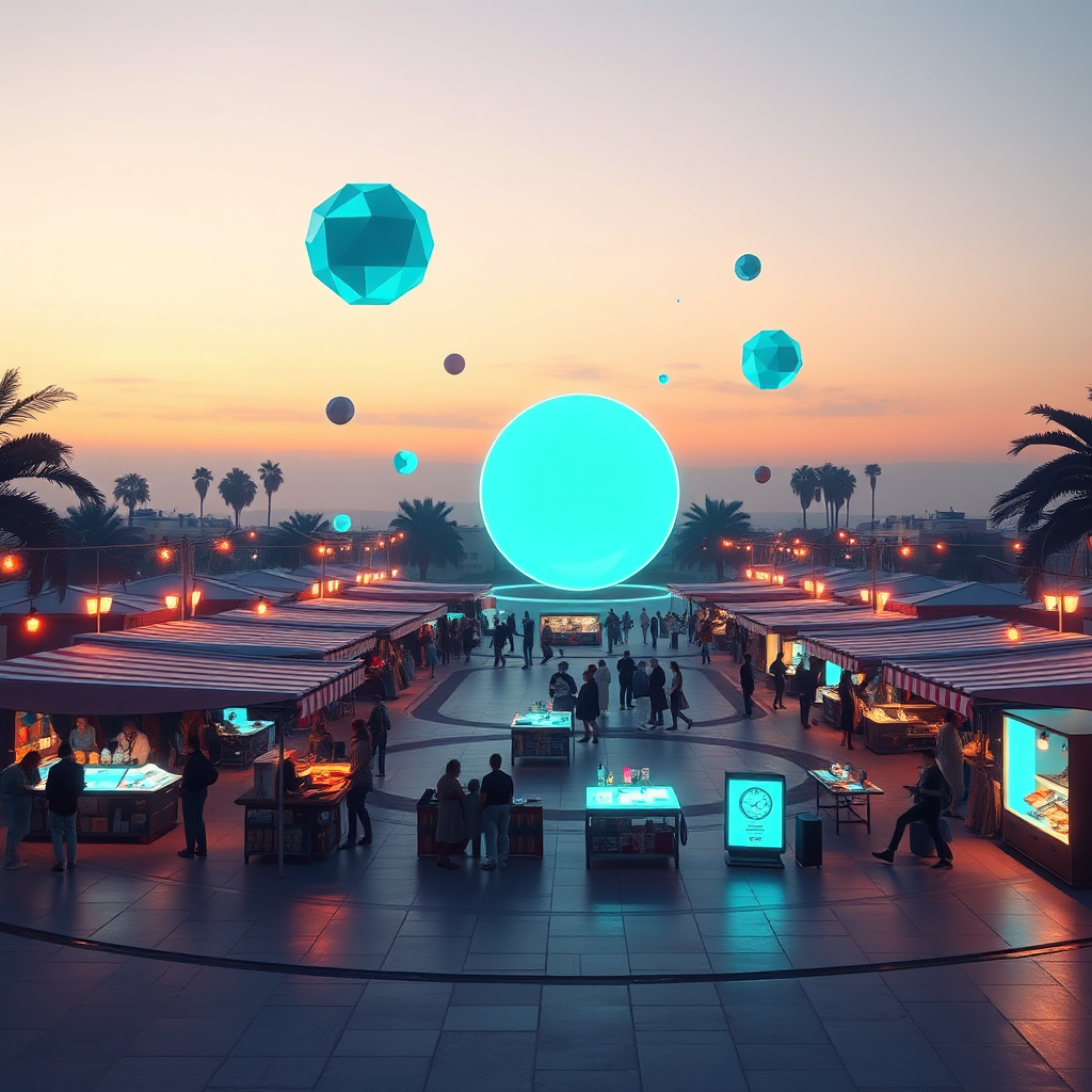 Futuristic open-air digital market venue