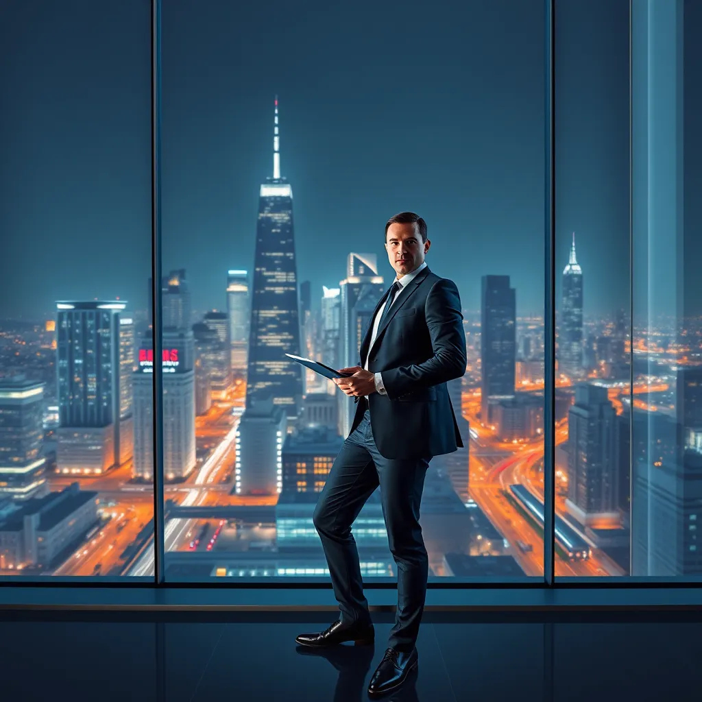 A stylized image of a successful businessman standing in a modern office space overlooking a cityscape. The businessman should be dressed in a sharp suit, holding a tablet and looking confidently at the camera. The office should be sleek and minimalist, with large windows providing a panoramic view of the city. The background should showcase towering skyscrapers, bustling streets, and vibrant city lights. Use a sharp, crisp style with a cool, modern color palette and a dynamic lighting scheme that highlights the businessman and the city's energy. Render in 8K resolution with ultra-detailed textures and realistic lighting effects.