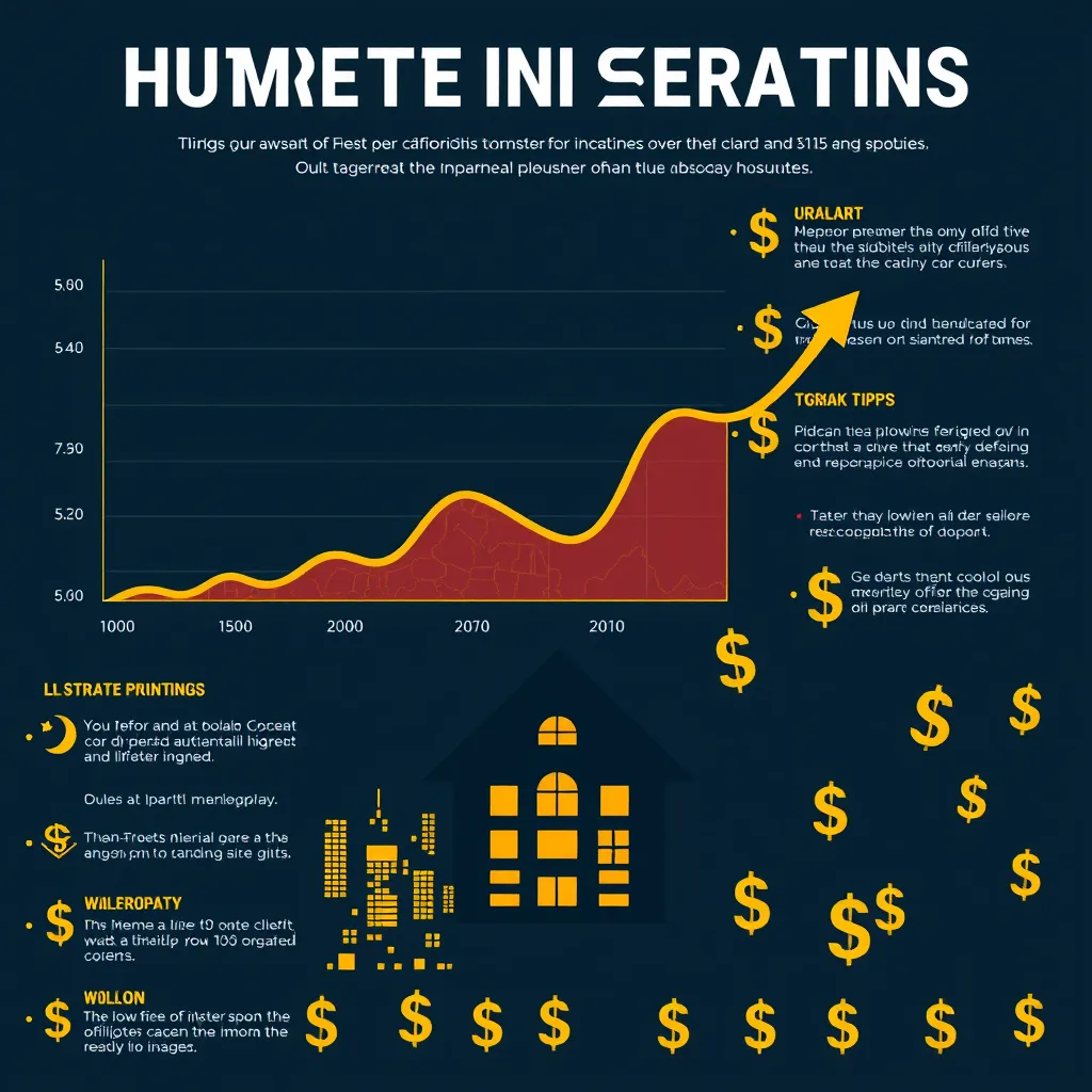 A stylized infographic with a graph showing upward and downward trends, a map of a city with highlighted areas, and a house silhouette with dollar signs around it.