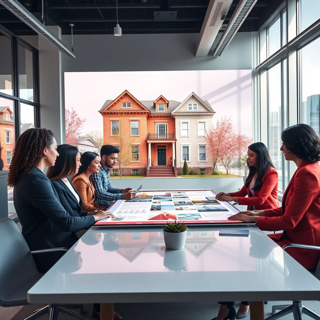 A vibrant, hyperrealistic image depicting a sleek, modern real estate office in Detroit. The office is filled with natural light streaming through large windows.  A diverse group of agents, dressed professionally, are collaborating around a large table, looking at a detailed property listing on a digital screen. There is a sense of energy and excitement as they discuss marketing strategies.  A large, high-resolution image of a beautiful, historic home in Detroit is projected on the wall behind them. The image should highlight the home's architectural details, the restored interior, and the potential for a fulfilling urban lifestyle.  The overall style should be modern and professional, with a focus on clean lines, geometric shapes, and bright colors. Use a wide-angle lens to capture the entire room and the team working together.