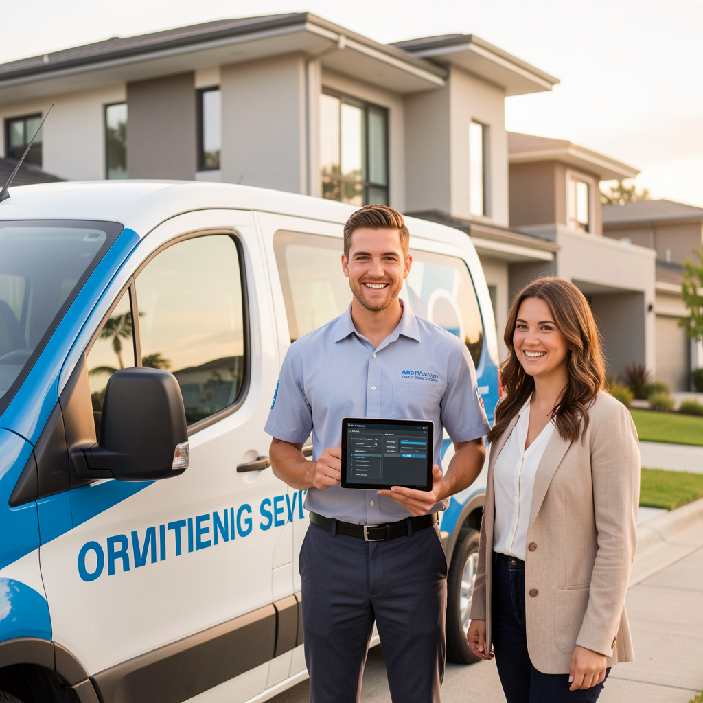 HVAC technician and customer with branded van and tablet dashboard