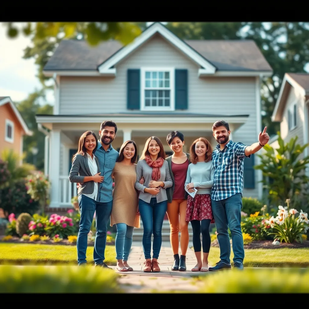 A vibrant image depicting a happy family standing in front of their newly purchased home. The family should be diverse, with parents and children of different ages, radiating excitement and joy. The house should be a charming two-story home with a welcoming front porch and a well-maintained garden. The background should showcase a picturesque neighborhood with manicured lawns, vibrant flowers, and friendly neighbors. The camera angle should be eye-level, capturing the family's genuine happiness and the warm atmosphere of the neighborhood. Use a realistic style with rich colors, soft lighting, and a depth of field that highlights the family and the home. Render in 4K resolution with ultra-detailed textures and realistic lighting effects.