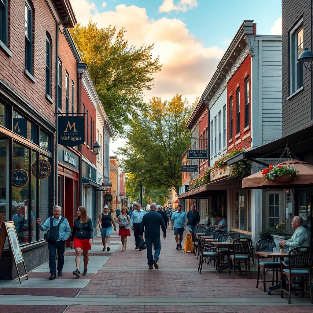 A vibrant street scene in a Michigan town, showcasing people strolling along sidewalks, shopping at local boutiques, and enjoying outdoor dining at a charming cafe.