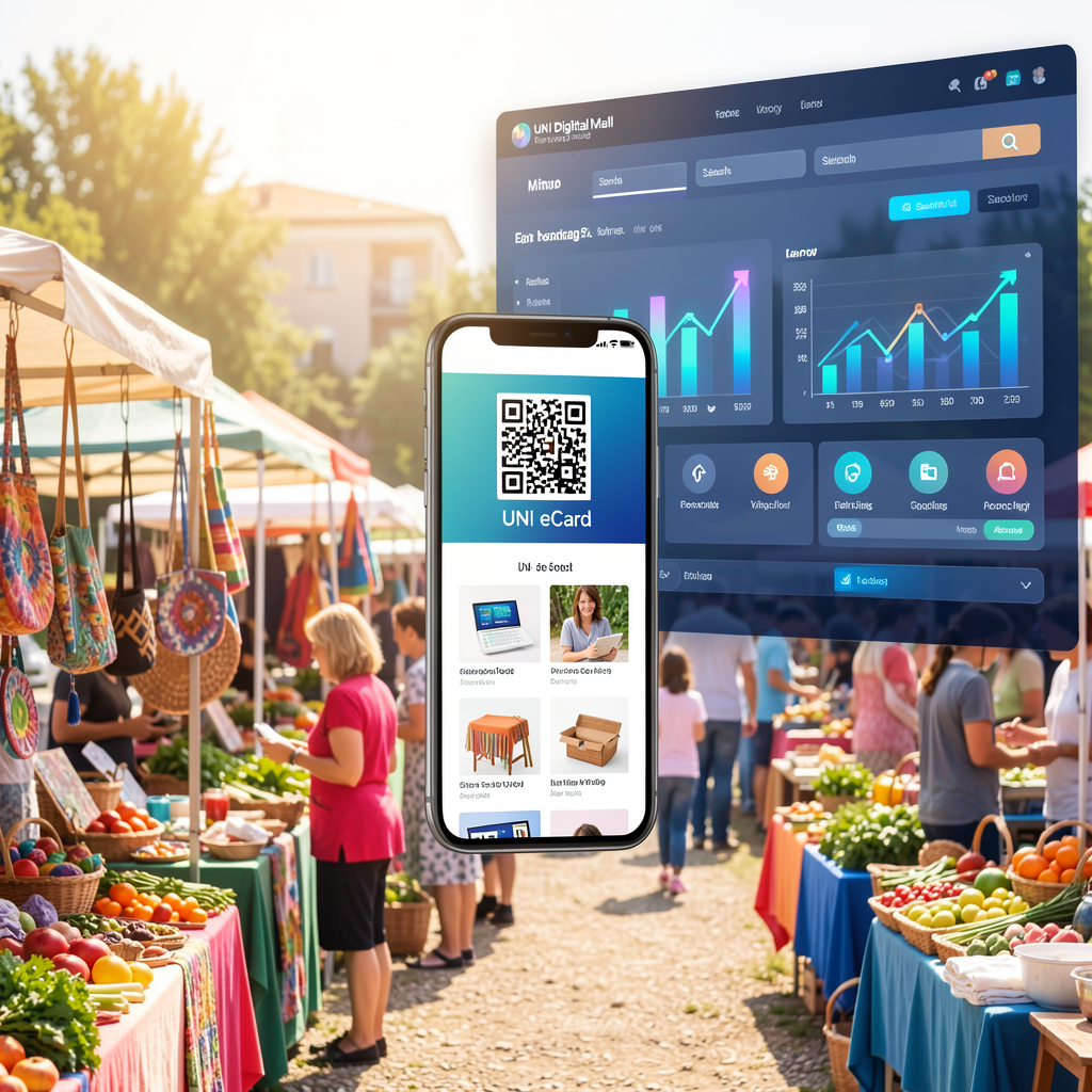 Flea market blending into digital marketplace on a smartphone