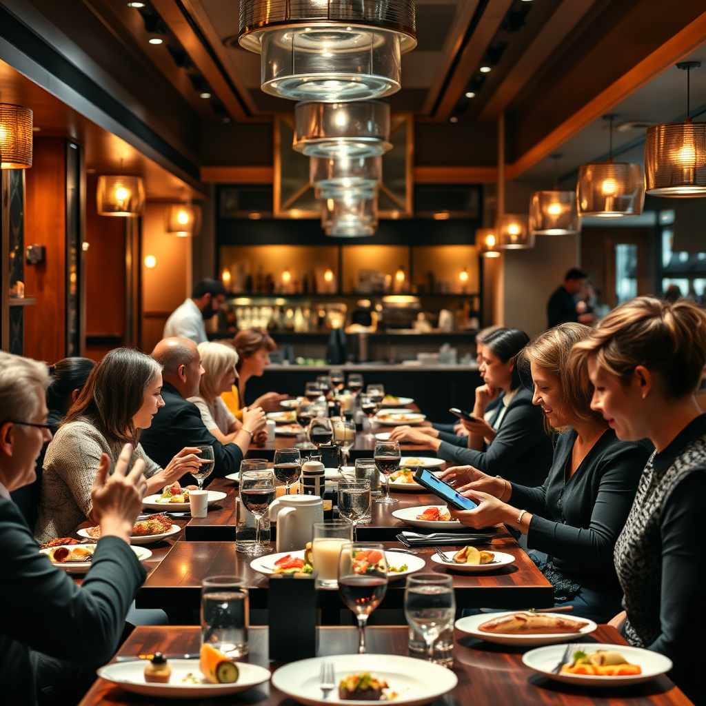 Restaurant staff and diners with digital tools