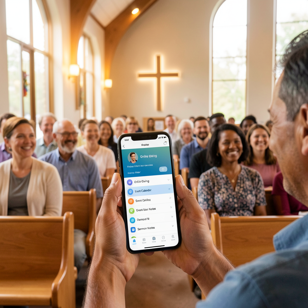 Diverse church members engaging with a church app on a smartphone