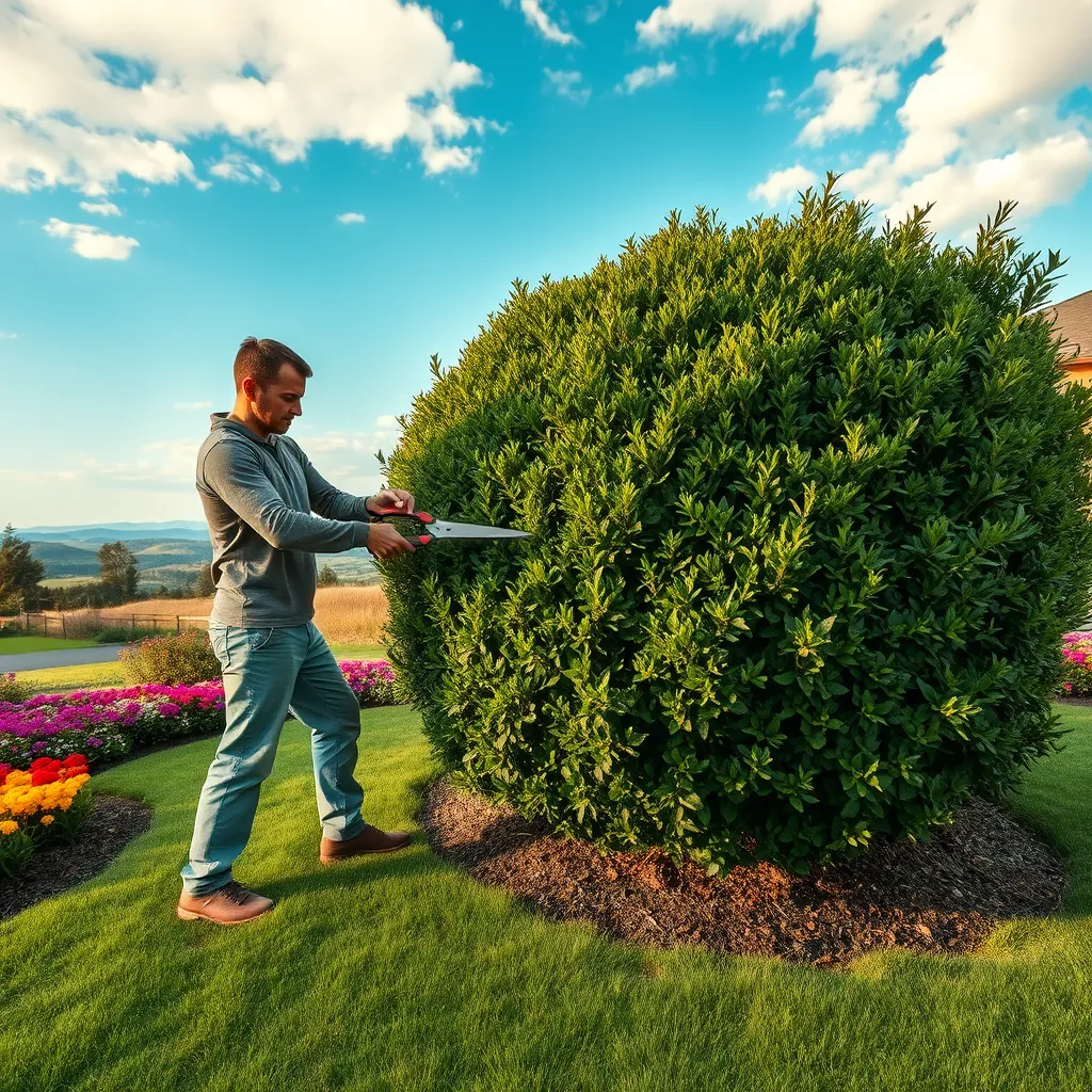 A wide-angle shot of a skilled gardener carefully trimming a large, overgrown shrub with sharp, precise shears. The shrub is surrounded by a neatly manicured lawn and vibrant flowerbeds. The scene is bathed in soft, diffused lighting, creating a sense of tranquility and order. The image is rendered in a photorealistic style, capturing the intricate details of the foliage, the texture of the shears, and the gardener's focused expression. The background features a picturesque landscape with rolling hills and a blue sky, enhancing the overall beauty and tranquility of the image. The image is 8K resolution, ultra-detailed, and evokes a sense of peace and renewal.