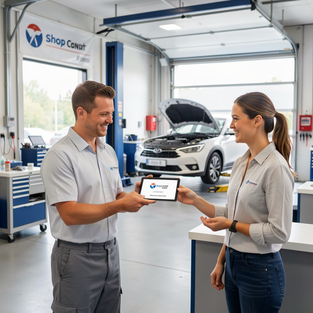 Modern auto repair shop with technician and customer reviewing a digital connect card on a tablet.