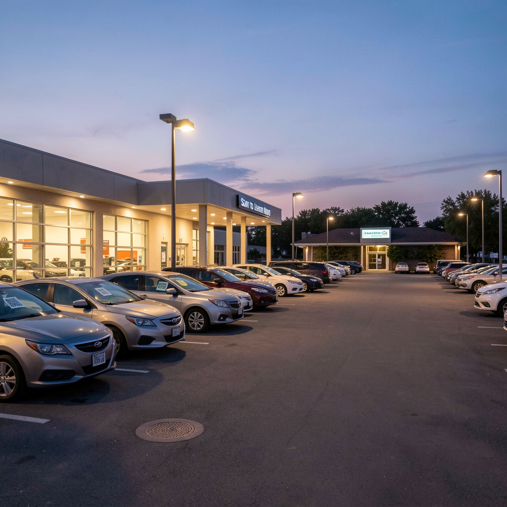 Dealership lot at dusk with QR codes visible