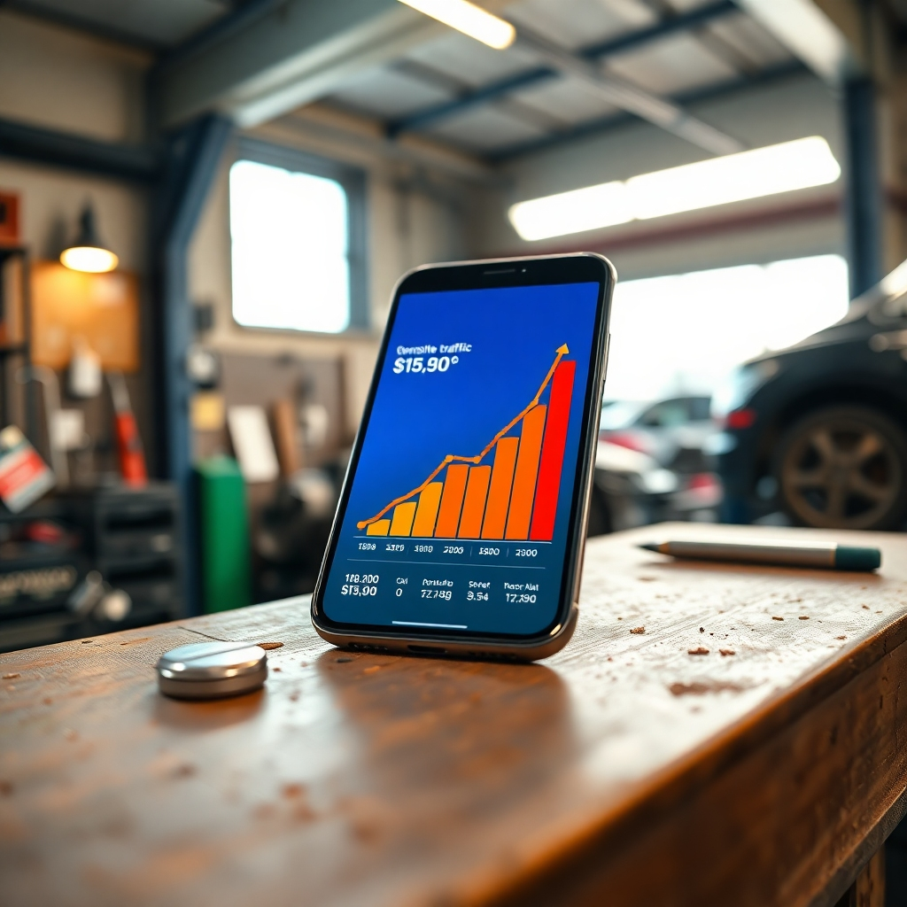 An 8K resolution, hyperrealistic image depicting a phone displaying a graph showing a sharp increase in website traffic and bookings for an auto repair shop.  The phone rests on a workbench in a well-lit auto repair shop. The lighting is a combination of soft, diffused natural light from a nearby window and focused task lighting. The color palette is warm and inviting, with earthy tones, subtle metallic accents from tools, and the bright, vibrant colours of the phone's screen.  The overall mood is optimistic and successful. The camera angle is a high angle, slightly tilted, offering a dynamic perspective. Textures include the smooth phone screen, the rough texture of the workbench, and the metallic shine of car parts in the background. The background is softly blurred but shows a busy, yet organized auto repair shop. The style should be clean and modern, similar to the work of contemporary product photographers. The graph on the screen clearly indicates a significant increase in website traffic and conversion, implying success and growth. The image should convey the message of a thriving business with a strong digital presence.