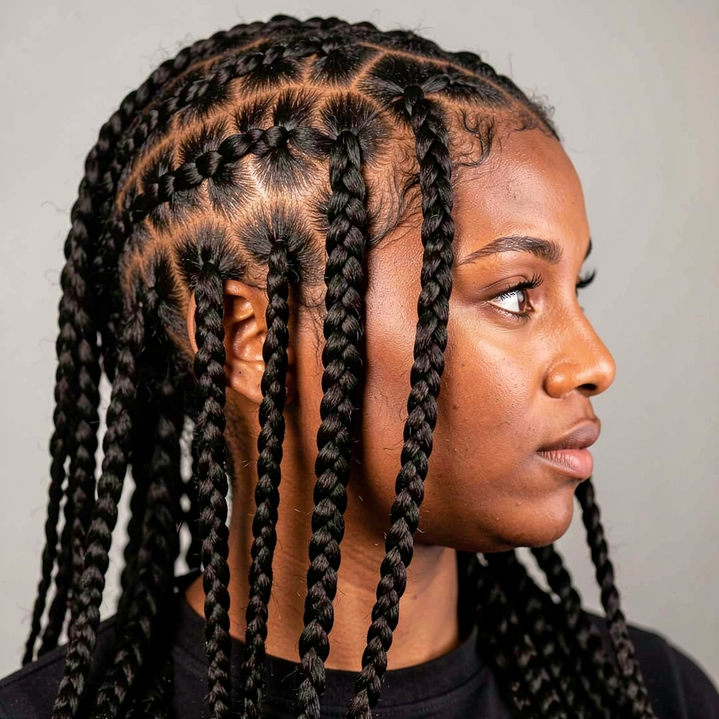 Intricate cornrow braiding.