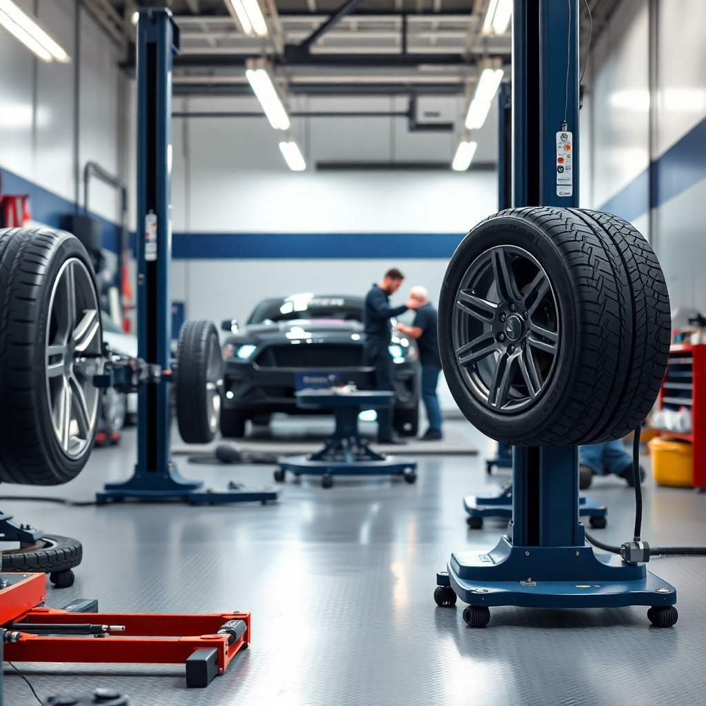 An image showcasing a modern, clean auto repair shop with advanced wheel repair and tire-changing equipment in the foreground.  The equipment should be visibly high-tech and modern, clean, well-organized and well-lit, reflecting professionalism and efficiency.  A technician should be subtly visible in the background, working on a vehicle.